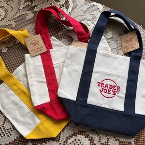 TRADER JOE’S Mini Canvas Tote Bags BLUE RED GREEN YELLOW - SET OF 3